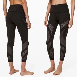 Lululemon Wunder Under Crop 21” Black Lace Panel Cropped Yoga Leggings - Size 4